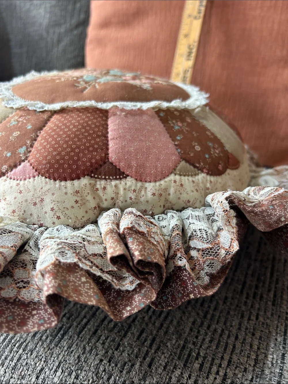 Decor Round Floral Quilted/lace Pillow - Rust/Pink/Cream - Butterfly/flowers